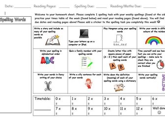 Spelling and Timestable Homework Sheet