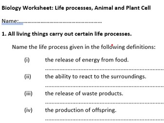 Worksheet Life Processes and Cells Edexcel IGCSE Biology