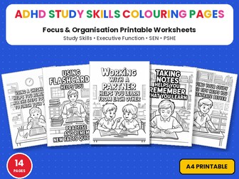 ADHD Study Skills Colouring Pages | Focus & Organisation | Printable Colouring Page Worksheets SEN