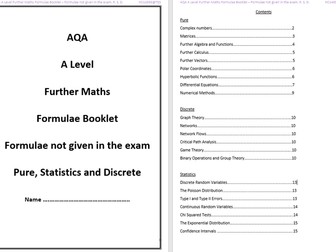 AQA A Level Further Maths Formulae Booklet - not given in the exam. Pure, Statistics and Discrete.