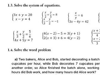 Advanced systems of equations worksheet featuring substitution, elimination, complex fractions, and