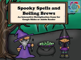 Interactive Math game-Google Slides / Adobe PDF-Multiplication Spooky Spells Boiling Brews