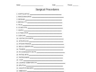 Surgical Procedures Word Scramble for Vet. Science Students