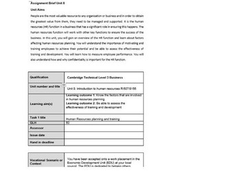 Unit 8 Btec (2016) Business Level 3 Assignment Brief and Feedback Sheet