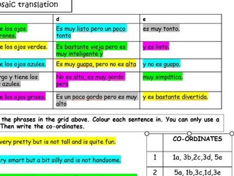 Year 7 Spanish- Mosaic translation- hair, eyes, personality