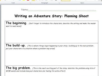 Adventure story planning sheet KS2