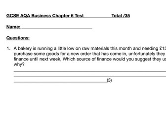 GCSE Business AQA Chapter 6 Test Finance