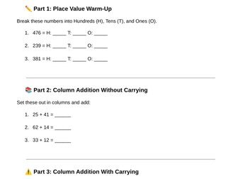 Year 3 Column Addition Worksheet and Answers