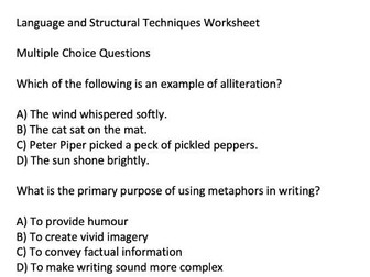 Language and Structural Techniques Worksheet