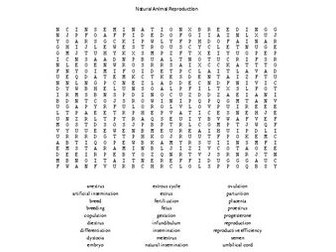 Natural Animal Reproduction Word Search for an Ag. II Animal Science Course