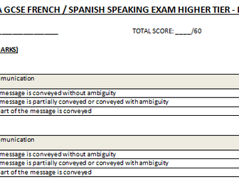 Printable mark sheet to assess the AQA Modern Languages Speaking Exam Higher Tier