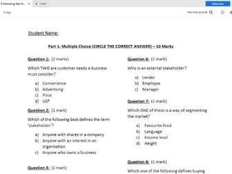 Year 9 / 10 Marketing Test [Half-Term]