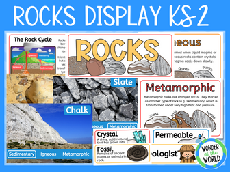 Rocks classroom science display posters and title KS2 Year 3 types of rock with examples