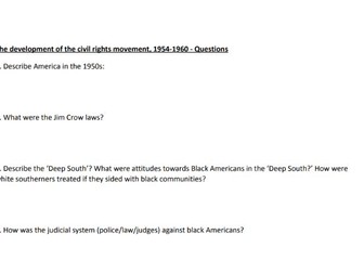 The development of the civil rights movement, 1954-1960  - GCSE History - Edxecel Unit 1  Questions