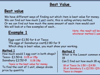 Proportion -best value, recipes, currency, conversion graphs, compound measure