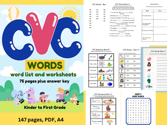 CVC word lists and worksheets for Kinder to First Grade