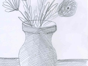 A drawing of a vase with flowers