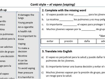Vaping and Health in Spanish – Conti-Style Vocabulary & Practice Worksheet