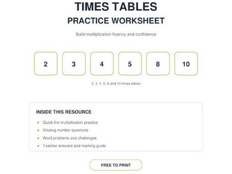 Year 3 Times Tables Practice — 2, 3, 4, 5, 8 and 10 Times Tables | Free Worksheet with Answers