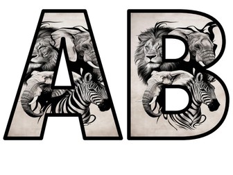 Zoo Animals Art - Modern Lettering Set Display Colourful, Whole Alphabet, Letters, Numbers
