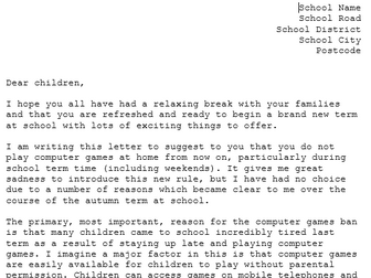 Persuasive letter for the banning of computer games
