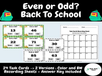 Even or Odd | Math Task Cards With Answer Key | Back to School | First Grade