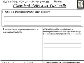 Chemical cells and fuel cells worksheet - AQA Chemistry GCSE Revision/Remote Learning