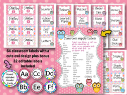 56 classroom labels with cute owl design PLUS ABC alphabet Header Cards