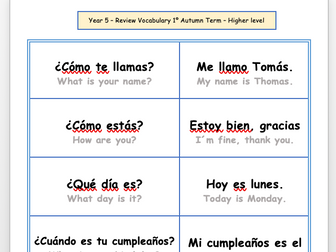 Spanish Primary review vocabulary-spelling activity  from Year 6 to Year 1 -  (Autumn Term).