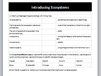 Introduction to Ecosystems Worksheet