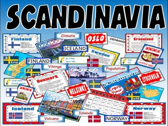 SCANDINAVIA -  RESOURCES KS2-3 GEOGRAPHY MAP DENMARK ICELAND NORWAY FINLAND SWEDEN SWEDISH LANGUAGE