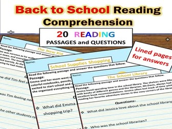 Back to School Activities Reading Comprehension Worksheets Passages & Question