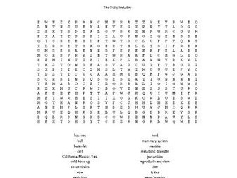 The Dairy Industry Word Search for an Ag. II Animal Science Course