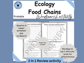 ECOLOGY - FOOD CHAINS WORKSHEET AND WORDSEARCH REVIEW ACTIVITY *PRINTABLE*