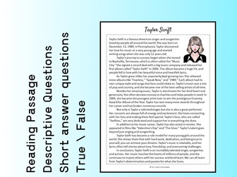 Taylor Swift Biography Reading Comprehension Passage Printable Worksheet PDF