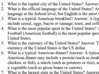 USA facts for ESL Students with answers
