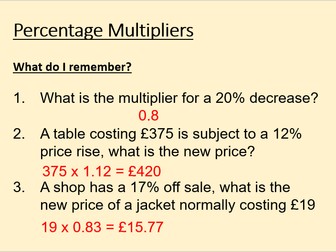 GCSE Percentage Multipliers and Change