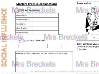 Social Influence (AQA A-level Psychology 2025-) - Recap starter/do now worksheets with answers