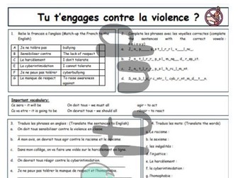 French KS3 Worksheet - Tu t'engages contre la violence