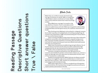 Nikola Tesla Biography Reading Comprehension Passage Printable Worksheet PDF