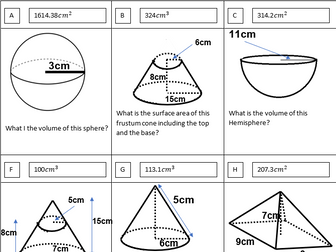 Volume and surface area of spheres, cones and pyramids treasure hunt