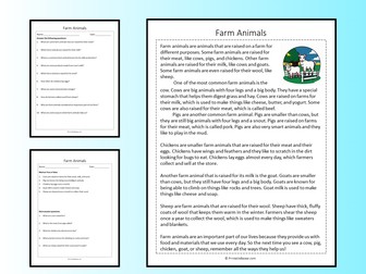 Farm Animals Reading Comprehension Passage Printable Worksheet