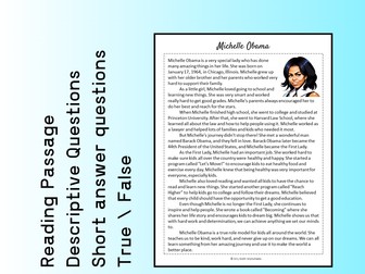 Michelle Obama Biography Reading Comprehension Passage Printable Worksheet PDF