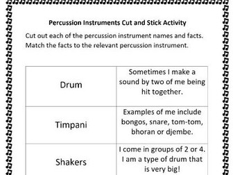 Percussion Instruments Cut and Stick Activity