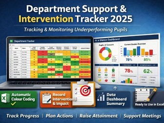 Department Support & Intervention Tracker – Excel Tracking & Monitoring for Underperforming Pupils