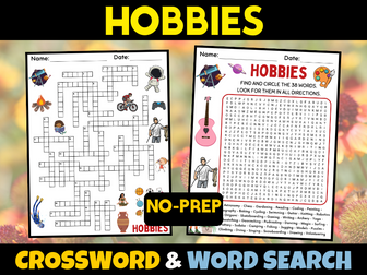 Hobbies: Crossword Puzzle Word Search For Middle & High School Sub Plans
