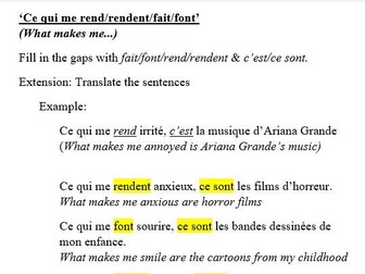 KS4/KS5 French Grammar Gap-Fill: Ce qui me rend, ce qui me fait, ce qui me rendent,  ce qui me font