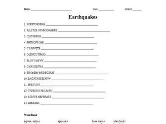 Earthquakes Word Scramble for Geology Students
