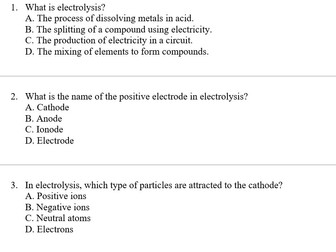 Electrolysis Quiz