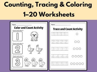 Counting, Tracing & Coloring 1–20 Worksheets